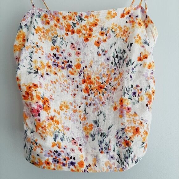 H&M 100% Linen Tie-Shoulder Floral Crop Fitted Camisole Top Smocked Back Sz XS - Picture 5 of 14
